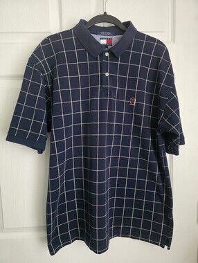 Vintage 90s Tommy Hilfiger Crest Logo Windowpane Grid Polo Shirt XL